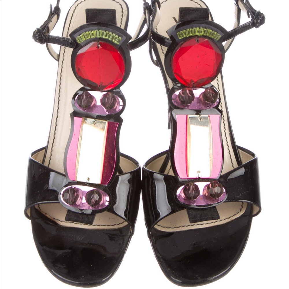 Yves Saint Laurent Patent Leather Crystal Embellishments T-Strap Sandals
